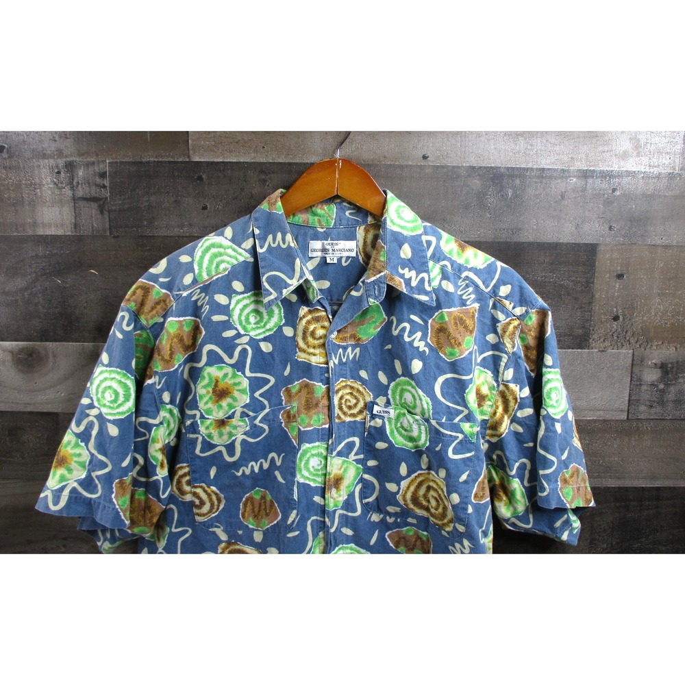 Vintage Guess Georges Marciano Shirt Mens Medium Blue Hawaiian Made USA 90s